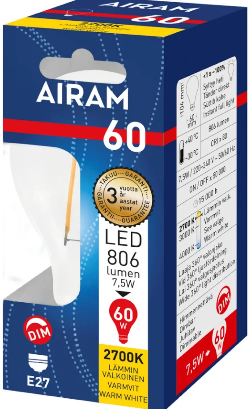 Airam LED Filament Normal 7,5W E27 2700K Dim