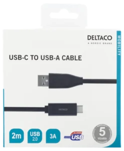 Deltaco USB-A till USB-C 3A 2m