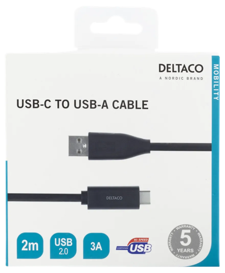 Deltaco USB-A till USB-C 3A 2m