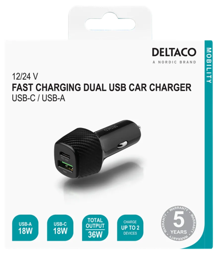 Deltaco 12/24V USB-billaddare 1xUSB-A 1xUSB-C 36W
