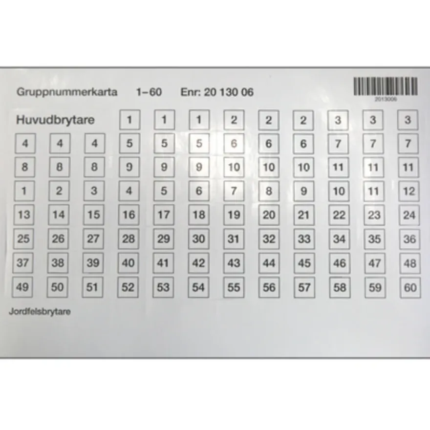 Hager Gruppnummerkarta 1-60 JD97A