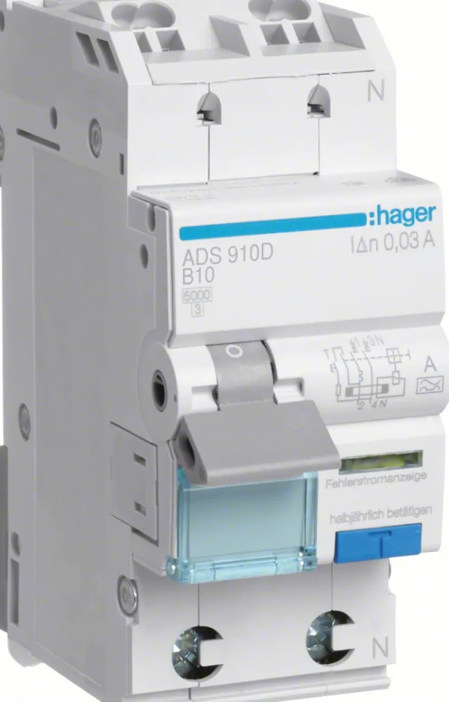 Hager Personskyddsbrytare 1P+N 6kA 10-30mA B-karaktäristik QuickConnect