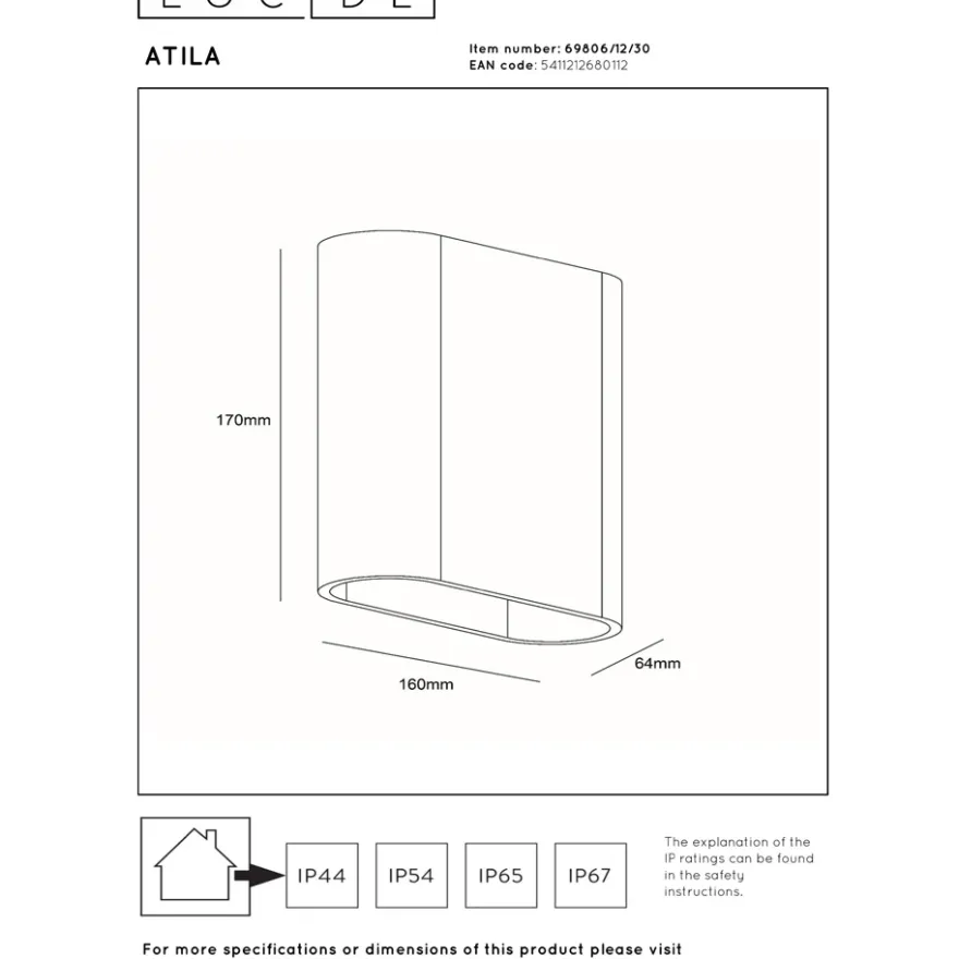 Lucide Atila Rak Vägglampa LED IP65